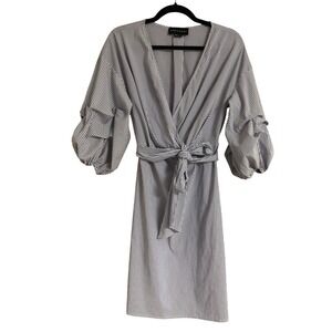 Adria Moss Blue White Striped Puff Sleeve Wrap Tie Waist Dress Size 8